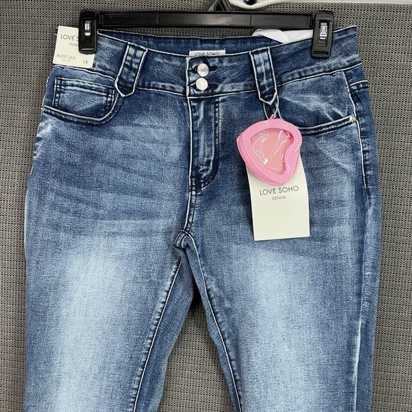 Love Soho Jeans Women’s Size 15 High Rise Flare Blue Denim Stretch - Picture 3 of 14